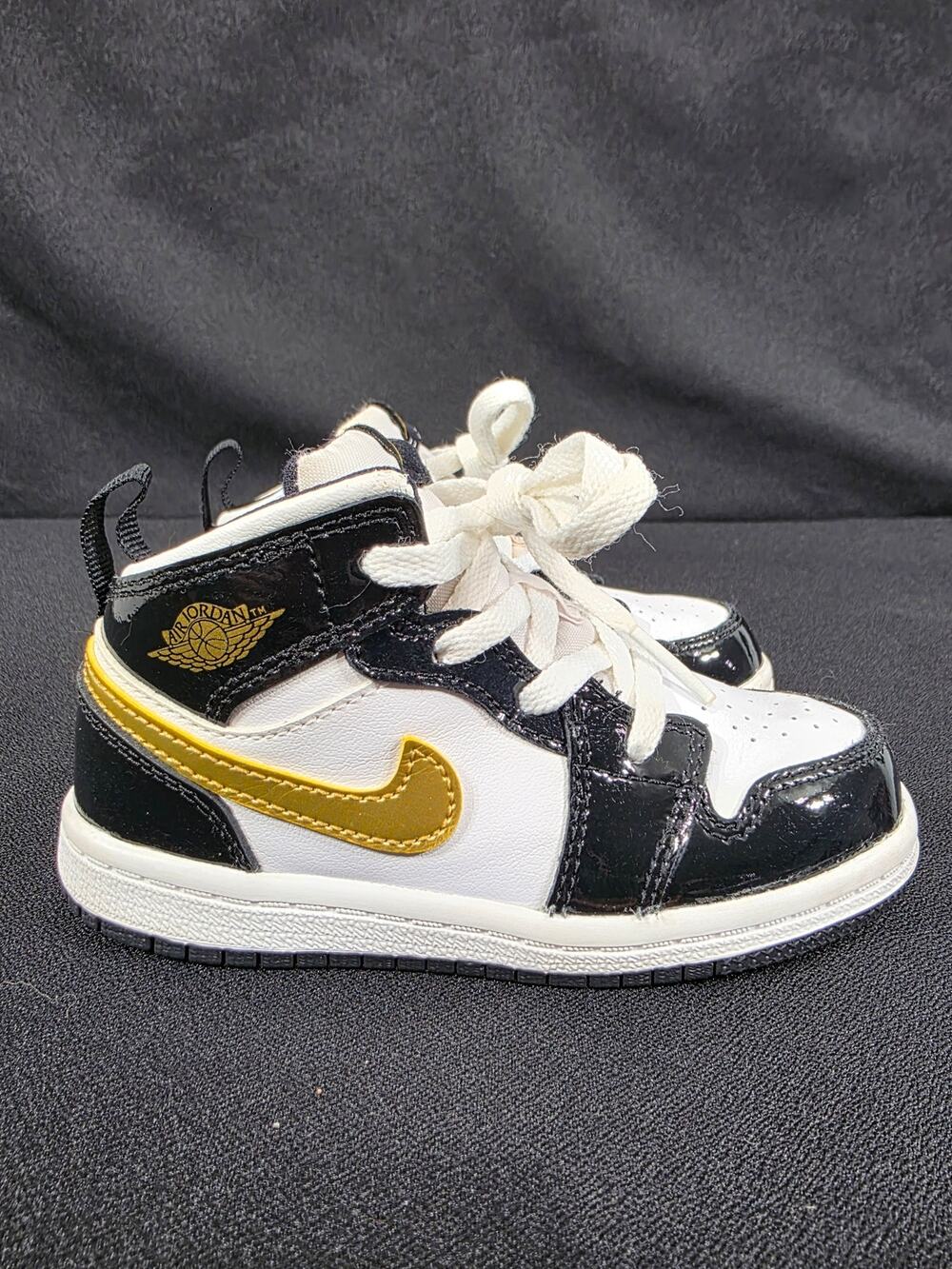 Nike Air Jordan 1 Mid SE Patent Leather Black White Gold Toddler 8C